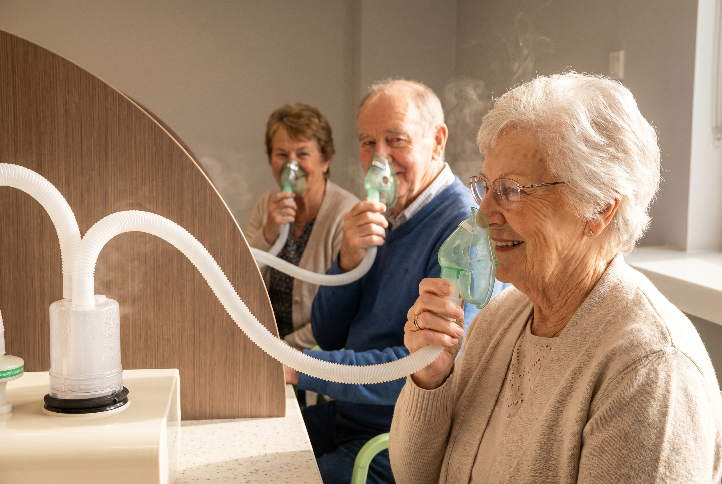 Senior podczas inhalacji – rehabilitacja oddechowa i leczenie dróg oddechowych w sanatorium Balnea